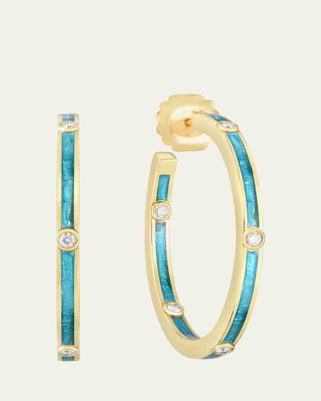 18K Yellow Gold Enamel Creole Hoop Earrings with Diamonds